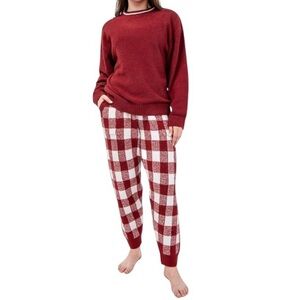 David Archy Fleece Buffalo Check Crew Neck Pajama Set Loungewear with Pockets